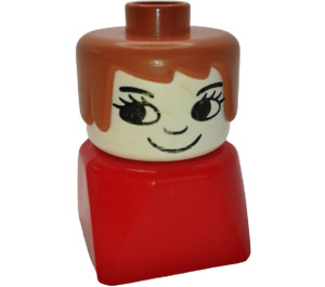 LEGO Duplo Female on Red Base, Fabuland Brown Hair, Eyelashes, Nose Duplo Figure