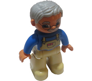 LEGO Duplo Grandpa Figure - Medium Stone Hair, Flesh Head and Hands, Tan Legs and overall pattern on Blue shirt Duplo Figure