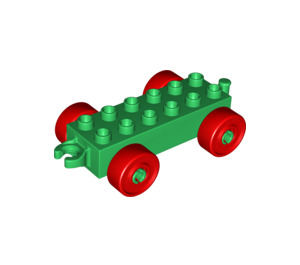 LEGO Duplo Green Car Chassis 2 x 6 with Red Wheels (Modern Open Hitch) (14639 / 74656)