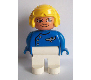 LEGO Duplo Male, White Legs, Blue Top with Plane Logo, Yellow Aviator Helmet, (Pilot) Duplo Figure