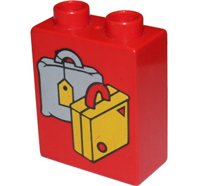 LEGO Duplo Red Brick 1 x 2 x 2 with Light Gray and Yellow Suitcases without Bottom Tube (4066)