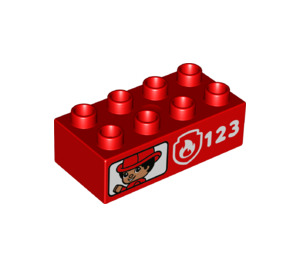 LEGO Duplo rot Backstein 2 x 4 mit Fireman, Weiß Feuer Logo und 123 (3011 / 65963)