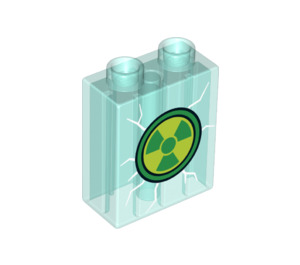 LEGO Duplo Transparent Light Blue Brick 1 x 2 x 2 with Radioactive Logo with Bottom Tube (15847 / 36626)