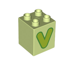 LEGO Duplo Gelblich-grün Backstein 2 x 2 x 2 mit Letter "V" Dekoration (31110 / 65945)