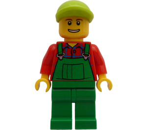 LEGO Farmer in Green Overalls, Red Shirt, Lime Ball Cap, and Open Smile Minifigure