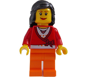 LEGO Female Town Minifigure, Mittlere Länge Schwarz Haar, Sweater Cropped mit Bow, Heart Necklace, Orange Beine