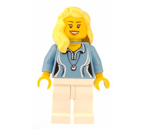 LEGO Female with Blond Hair, Medium Blue Blouse with Shell Necklace, and White Legs Minifigure