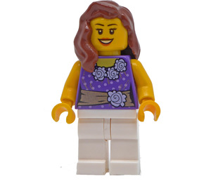 LEGO Kvinne med Dark Lilla Blouse med Gold Belte og Blomster Mønster, Hvit Ben Minifigur