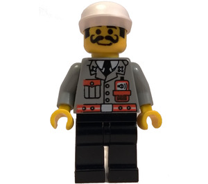 LEGO Firefighter Dispatcher with Light Gray Coat with Pocket and Red Belt, Black Legs, Mustache, and White Cap Minifigure