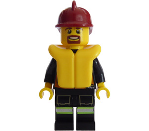 LEGO Firefighter in Uniform with Brown Goatee, Life Preserver, and Dark Red Helmet Minifigure