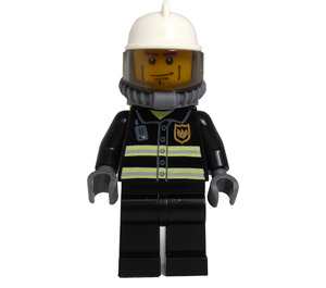 LEGO Fireman with Reflective Stripes, Black Legs, White Fire Helmet, Breathing Neck Gear with Airtanks Minifigure