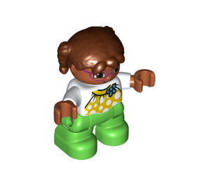 LEGO Girl with Lime Legs, Reddish Brown Hair and White Torso with Flower Decoration Duplo Figure