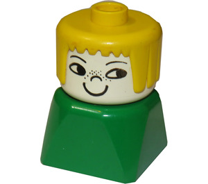 LEGO Girl with Yellow Hair Smiley face with freckle on nose on Green Base Duplo Figure
