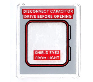 LEGO Glass for Window 1 x 3 x 3 with DISCONNECT CAPACITOR DRIVE BEFORE OPENING Sticker (51266)