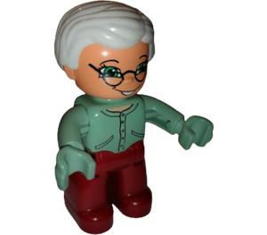 LEGO Grandmother con Verde sabbiato Superiore Figura Duplo e capelli grigio chiaro e mani verde sabbiato