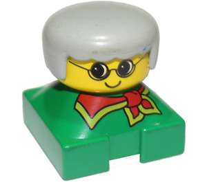 LEGO Green 2x2 Duplo Base Brick Figure - Grandma with Yellow Head wearing Glasses, Gray Hair, Red Scarf Pattern Duplo Figure