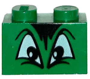 LEGO Green Brick 1 x 2 with Angry Eyes, Black fringe with Bottom Tube (3004 / 93792)