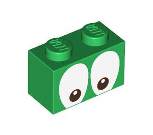 LEGO Grün Backstein 1 x 2 mit brown Augen looking Nieder mit Unterrohr (3004 / 103766)