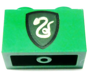 LEGO Green Brick 1 x 2 with Slytherin (Snake) Shield with Bottom Tube (3004 / 43777)