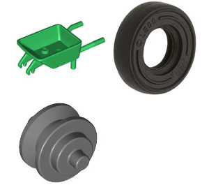 LEGO Green Minifigure Wheelbarrow with Dark Stone Wheel and Black Tire