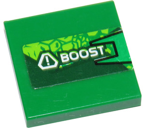 LEGO Green Tile 2 x 2 with Scales and 'BOOST' (Left) Sticker with Groove (3068)
