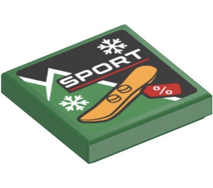 LEGO Green Tile 2 x 2 with 'SPORT' and Snowboard Sticker with Groove (3068)