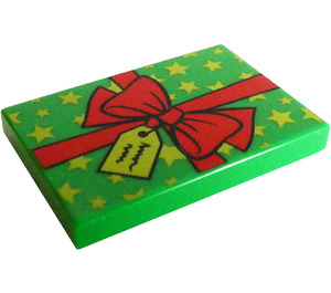 LEGO Green Tile 2 x 3 with Red Ribbon and Bow, Lime Tag and Stars