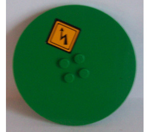 LEGO Green Tile 8 x 8 Round with 2 x 2 Center Studs with Electricity Danger Sign Sticker (6177)