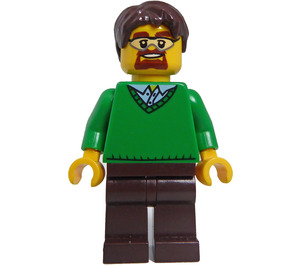 LEGO Grün V-Neck Pullover, Dark Braun Beine, Dark Braun Kurz Zerzaustes Haar, Bart, Safety Schutzbrille Minifigur