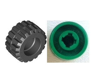 LEGO Green Wheel Rim Wide Ø11 x 12 with Notched Hole with Tire 21mm D. x 12mm - Offset Tread Small Wide with Band Around Center of Tread