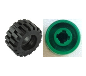 LEGO Green Wheel Rim Wide Ø11 x 12 with Notched Hole with Tire 21mm D. x 12mm - Offset Tread Small Wide with Bevelled Tread Edge