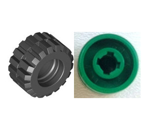 LEGO Green Wheel Rim Wide Ø11 x 12 with Notched Hole with Tire 21mm D. x 12mm - Offset Tread Small Wide with Slightly Bevelled Edge and no Band