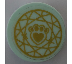 LEGO Light Aqua Tile 2 x 2 Round with paw print and Geometric pattern in gold Sticker with Bottom Stud Holder (14769)