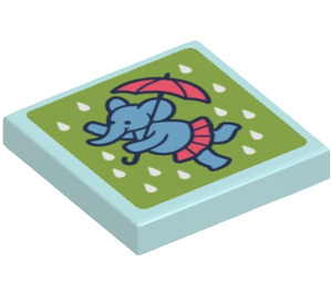 LEGO Light Aqua Tile 2 x 2 with Elephant and Umbrella Sticker with Groove (3068)
