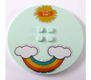 LEGO Light Aqua Tile 8 x 8 Round with 2 x 2 Center Studs with Sun, Rainbow and Two Clouds Sticker (6177)