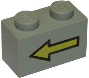 LEGO Light Gray Brick 1 x 2 with Yellow Left Arrow and Black Border with Bottom Tube (3004)