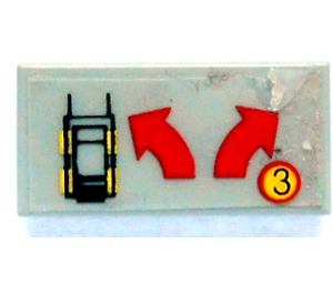 LEGO Light Gray Tile 1 x 2 with Forklift, Curved Left and Right Arrows and '3' Sticker with Groove (3069)