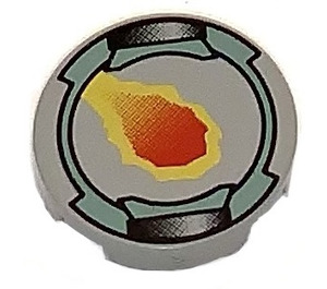 LEGO Light Gray Tile 2 x 2 Round with Red/Yellow Fireball and Sectioned Sand Green and Black Border with "X" Bottom (4150)
