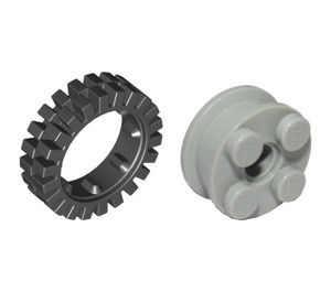 LEGO Light Gray Wheel Rim 10 x 17.4 with 4 Studs and Technic Peghole with Narrow Tire 24 x 7 with Ridges Inside