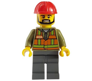 LEGO Lumière Orange Gilet de sécurité, Dark Stone Gris Jambes, Rouge Construction Casque, Noir Barbe Minifigurine