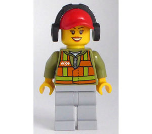 LEGO Light Orange Safety Vest, Medium Stone Gray Legs, Red Cap with Hole, Headphones, Peach Lips Minifigure