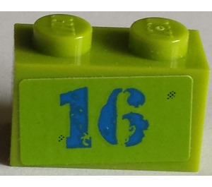 LEGO Lime Brick 1 x 2 with '16' Sticker with Bottom Tube (3004)