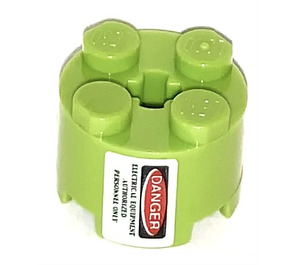 LEGO Lime Brick 2 x 2 Round with Danger electrical Equipment Sticker (3941)