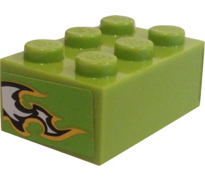 LEGO Lime Brick 2 x 3 with Black/White Flames (Both Ends) Sticker (3002)