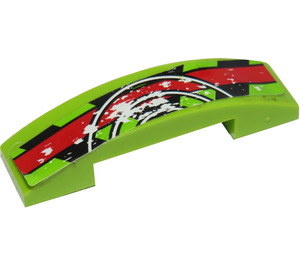 LEGO Lime Slope 1 x 4 Curved Double with Red Stripe, Black Danger Stripes and 3 White Half Circles Sticker (93273)