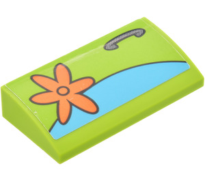 LEGO Lime Slope 2 x 4 Curved with Door Handle and Orange Flower on the Left Side Sticker with Bottom Tubes (88930)