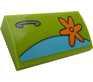 LEGO Lime Slope 2 x 4 Curved with Door Handle and Orange Flower on the Right Side Sticker with Bottom Tubes (88930)