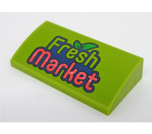 LEGO Lime Slope 2 x 4 Curved with Lime and Coral 'Fresh  Market' Sticker with Bottom Tubes (88930)