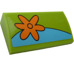 LEGO Lime Slope 2 x 4 Curved with Orange Flower on the Left Side Sticker with Bottom Tubes (88930)