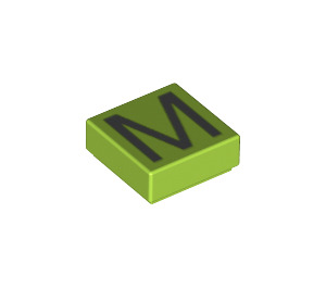 LEGO Lime Tile 1 x 1 with 'M' with Groove (3070)